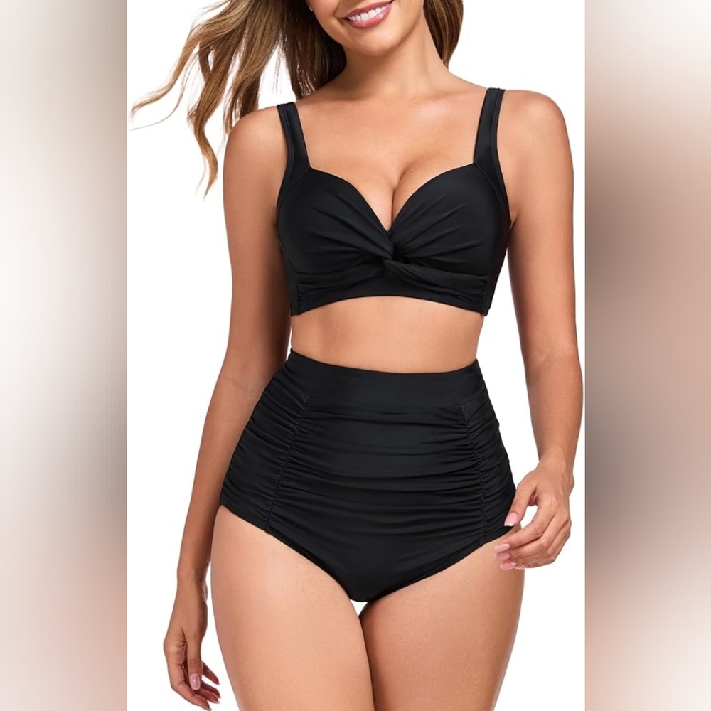 RELLECIGA Black Retro 'Pin-up' Style High Waisted Ruched Bra Bikini - Size M